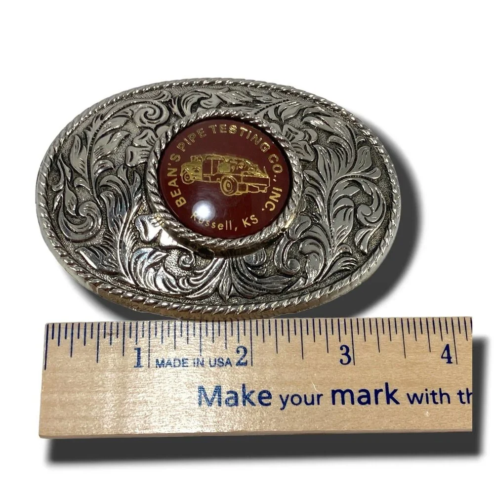 Belt Buckle Bean's Pipe Testing Co, Inc. Russell, Kansas Silver Color Oval Weste